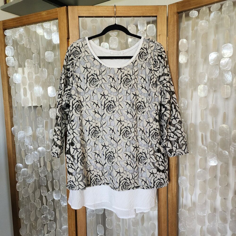 Cut Loose Layered Lace Top Womens L Black White Floral Sheer Overlay Boho USA
